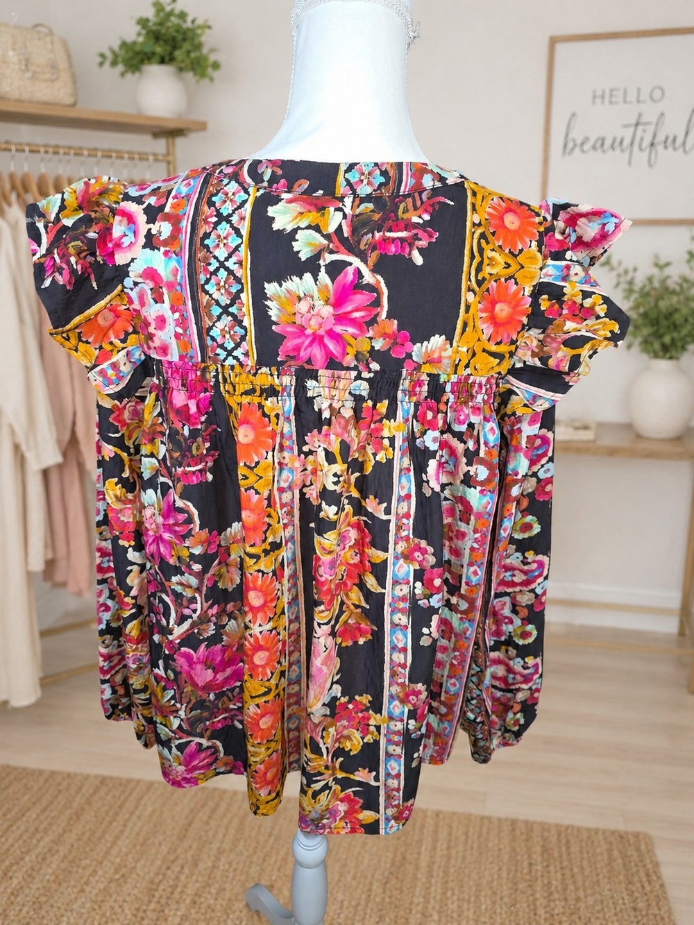 Floral Button-Front Peasant Blouse in Black and Pink - Picture 3 of 9